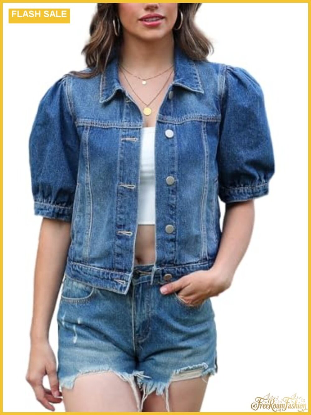 Womens Cropped Denim Jacket Puff Short Sleeve Cotton Button